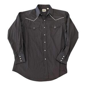 Men's Pearl Snap Shirt Black Ely Cattleman Long Sleeves Yoke Size Large